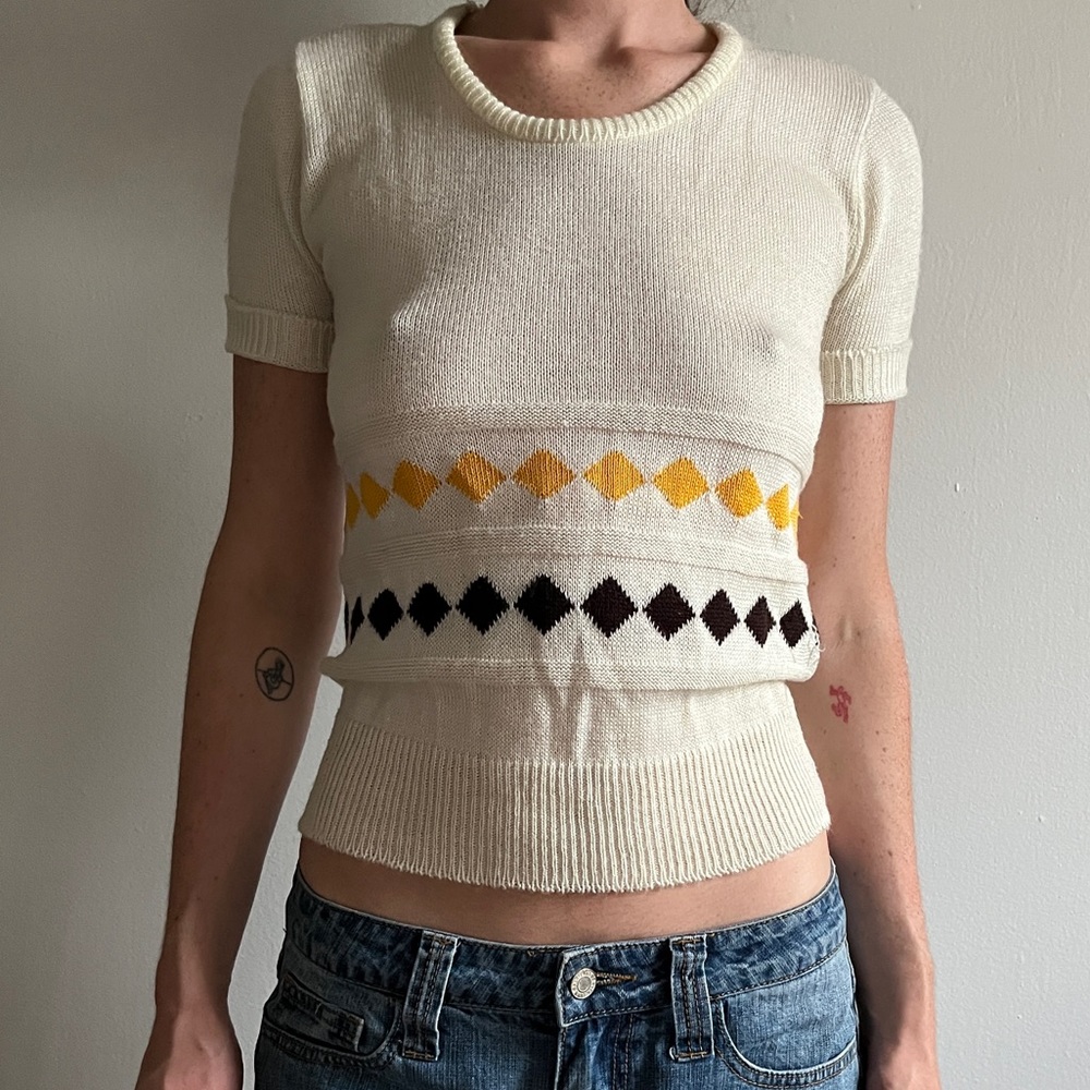 Vintage Brown + Yellow Argyle / Diamond Pattern 70s Knit Top